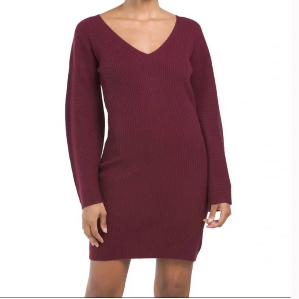 NAADAM Wool And Cashmere Ribbed Twist Back Mini Dress in Bordeaux Burgundy sz L